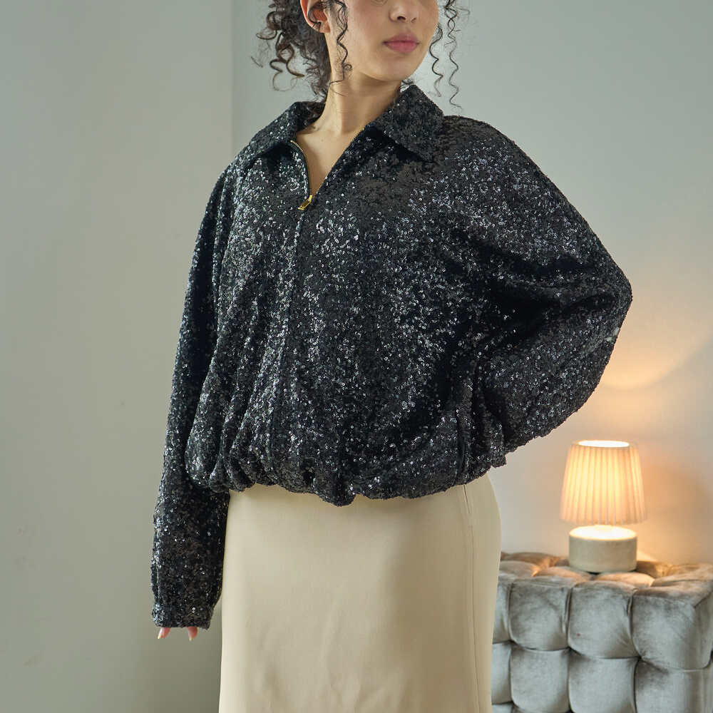 HALSTON HERITAGE Women's Black Sequin Bomber Jacket Size 8 Zip Up Party